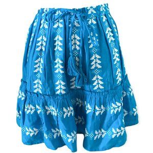 Elan Women's Size S Ruffled Mini Skirt Elastic Waist Tribal Drawstring Boho Blue